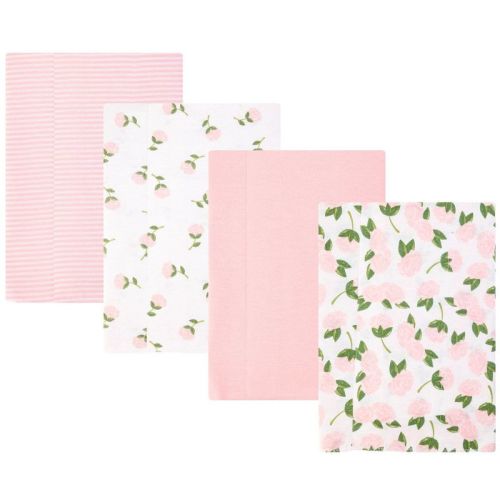 Hudson Baby Infant Girls Cotton Flannel Burp Cloths 4-Pack, Pink Peony, One Size