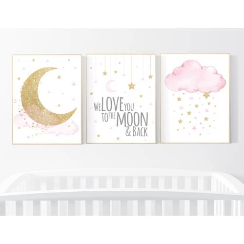 Pink and Gold Nursery Art: Moon, Stars, Cloud Prints