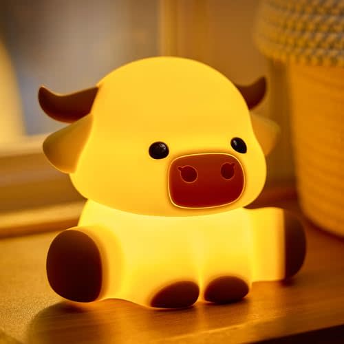 Lustrinex Cattle Silicone Night Light Rechargeable 3-Level Tap Dimming | Squishy, Timer, Dimmable, Portable USB Rechargeable, Cute Nursery Pink Night Lamp Gifts for Baby, Toddler Room Decor