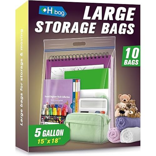 HIBAG 5 Gallon Large Storage Bags, 15” x 18” Resealable Clear Bags with Handle, Extra Large XL Heavy Duty for Clothes Pillow Travel Moving, Pack of 10