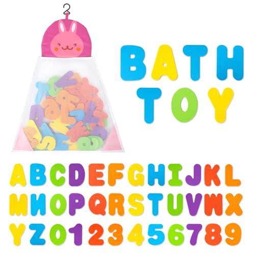 Bath Toys Organizer + 36 Soft Foam ABC 123 Letters & Numbers Bathroom Alphabet Baby Toys for Early Learning Foam Letters and Quick Dry Storage Net Bag for Baby Boys and Girls