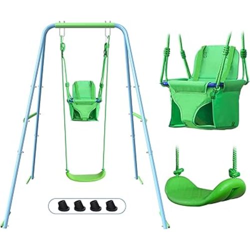 2-in-1 My First Toddler Swing Set for Backyard, Baby Indoor/Outdoor Swing with Foldable Stand, Belt & Soft Swing Seat with Safety Harness & Height Adjuster, Suitable for Children 6 Months and Older