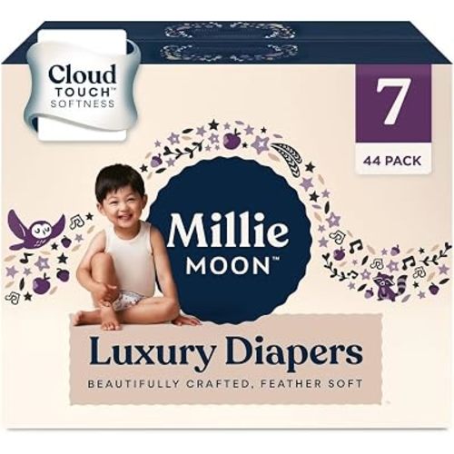 Millie Moon Luxury Diapers, Size 7 (37+lbs), 44 Count, Up to 12 Hour Absorbency, Double Leak Guard and Wetness Indicator