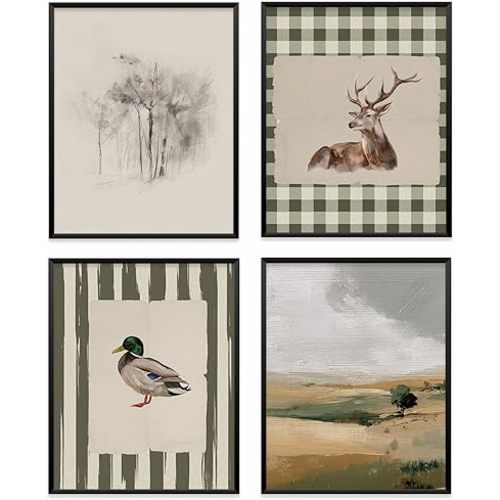 VONTP Vintage Animal Nursery Kids Wall Art Decor, Rustic Farmhouse Deer Mallard Duck Nursery Prints Poster Wall Decorations for Kids Toddler Room Bedroom Playroom, 8x10 Inch Set of 4 (Unframed)