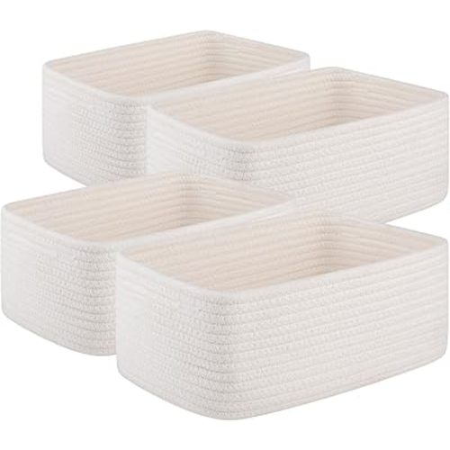 4 Pack Small Storage Shelf Baskets for Organizing, Mini Woven Rope Storage Bins for Towels, Cute Decorative Closet Organizer,Baby Nursery, Gift Empty Baskets -11.81''Lx7.87''Wx4.72''H-White
