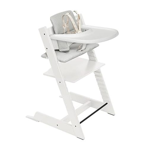 Stokke Tripp Trapp High Chair 2 (White), Cushion 2 (Nordic Grey) + Stokke Tray (White) - Includes Chair + Baby Set with Removable Harness for Children 6-36 Months