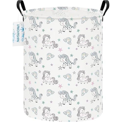 LANGYASHAN Laundry Basket Canvas Fabric Collapsible Organizer Basket for Storage Bin Toy Bins Gift Baskets Bedroom Clothes Children Nursery Hamper (Rainbow Unicorn)