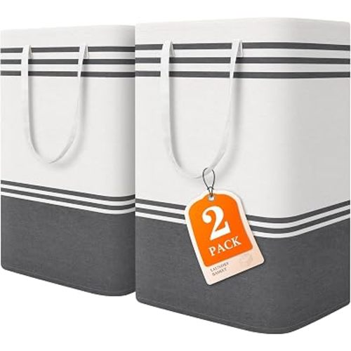 2 Pack Large Laundry Baskets, Laundry Hampers, Freestanding Waterproof Collapsible Clothes Bags with Reinforced Handles - Foldable Dirty Clothes Basket for Dorm, Bathroom, Room (Grey/75L)
