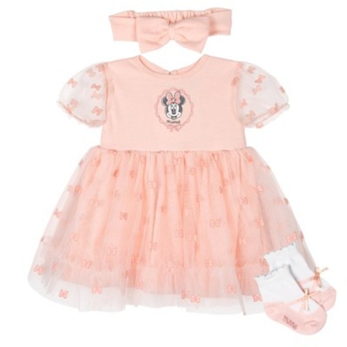 Disney Minnie Mouse Newborn Baby Girls Mesh Dress, Headband and Socks 3 Piece Outfit Set Gossamer Pink 3-6 Months
