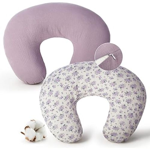 Muslin Nursing Pillow Cover Compatible with Boppy Nursing Pillow, Soft Baby Nursing Covers for Breastfeeding Pillows for Boys Girls, only Cover, Purple&Purple Floral