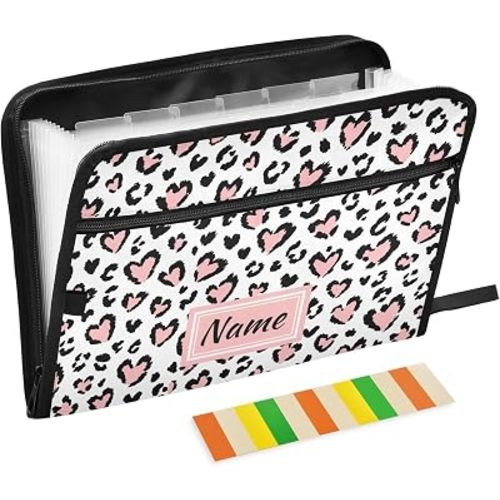 Leopard Print Pink Heart Custom Expanding File Folder, 13 Pockets Personalized Name Accordion File Organizer with Sticky Labels Zipper Portable A4 Document Organizer for Home Office School Supplies