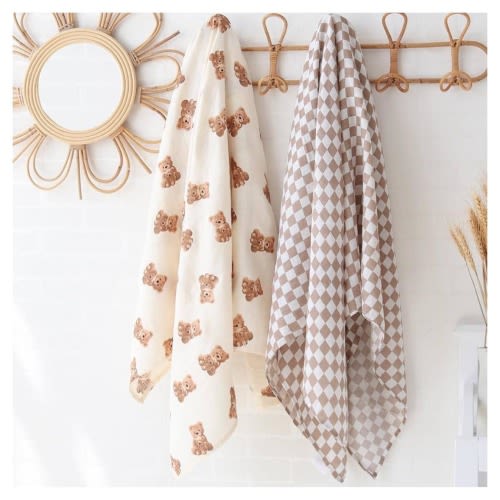 Swaddle Blanket Set in Teddy Bear & Coffee Checkered Patterns, super soft bamboo fabric, perfect shower gift or for infant photoshoot
