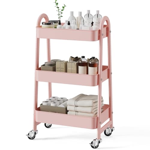OLIXIS Metal 3 Tiers Rolling Storage Utility Cart with Lockable Wheels | Mobile Organizer Shelf, Space-Saving, Freestanding, Bathroom, Living Room, Slim, Narrow Corner Spaces, Pink