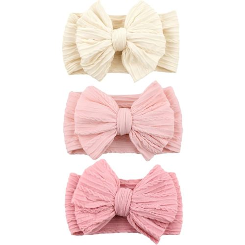 3 Pcs Pink Beige Blush Baby Bows Headbands Soft Nylon Hairbands Super Elastic Headband Hair Accessories For Baby Girls Infant Toddler Essentials Valentine's Day (Pink Beige Blush)