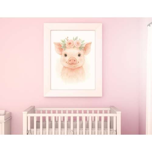 Watercolor Pig Nursery Art Print, Floral Crown Baby Animal Decor