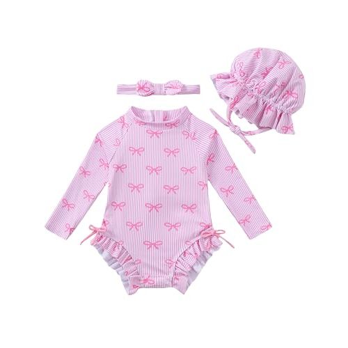 Renotemy Baby Swimsuit Girls One-Piece Swimwear Baby Beach Essentials 3M-3T | Infant Toddler Girl Bathing Suit Drawstring Zip,Long Sleeve One-Piece Rash Guard Swimwear with Hat,Summer beach Essentials