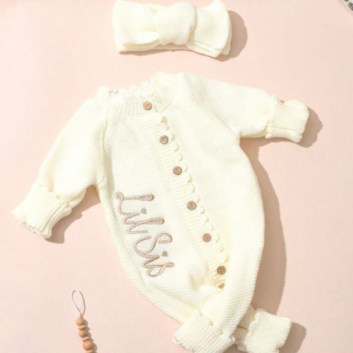 SHEIN 2Pcs Set "Little Sister" Embroidered Newborn Girl Photography Outfits Knitted Jumpsuit Romper With Bowknot Headband Buttoned Outfit For Photo Shooting Baby Coming Home Outfit | SHEIN USA