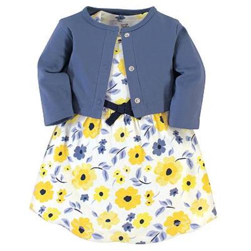 Touched by Nature Baby and Toddler Girl Organic Cotton Dress and Cardigan 2pc Set, Yellow Garden