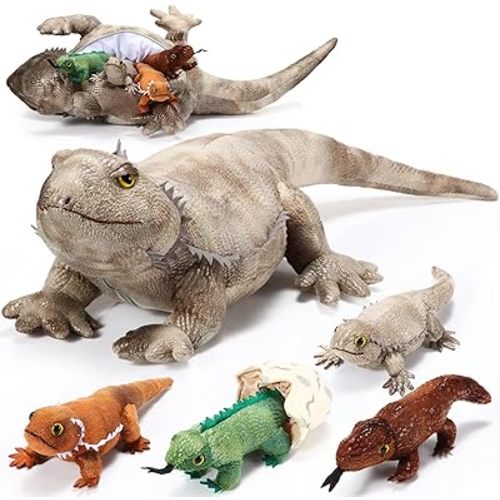 Lenwen 5 Pieces Bearded Dragon Lizard Plush Toy Set 26 Inch Bearded Dragon Stuffed Animal with 4 Baby Lizards, Simulation Iguana Plush for Boy Girl Birthday Pet Party Favor