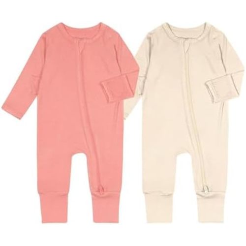 Teach Leanbh Baby Boys Girls 2 Pack Bamboo Viscose Pajamas with Mitten Cuffs 2 Way Zipper Long Sleeve Romper Sleep and Play