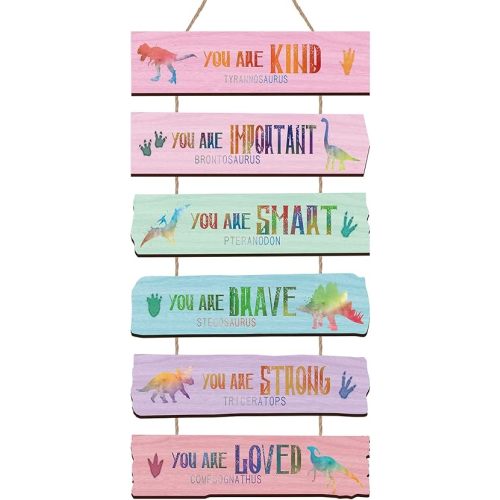Yookeer Set of 6 Watercolor Dinosaur Wall Art Decors Rustic Wooden Motivational Wall Hanging Plaque Sign Your Are Kind Strong Brave Positive Sign for Home Bedroom Living Room Decorations
