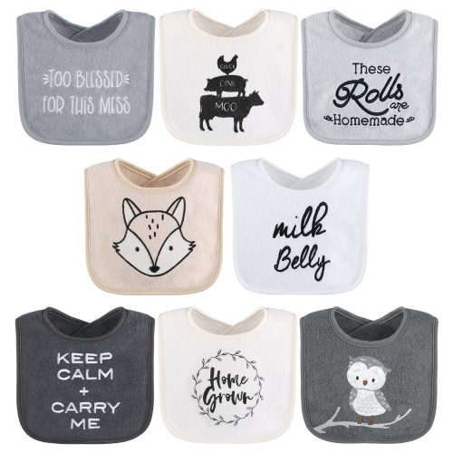 The Peanutshell Terry Cotton Baby Bib Set, 8 Pack, Cute Sayings in Tan & Grey