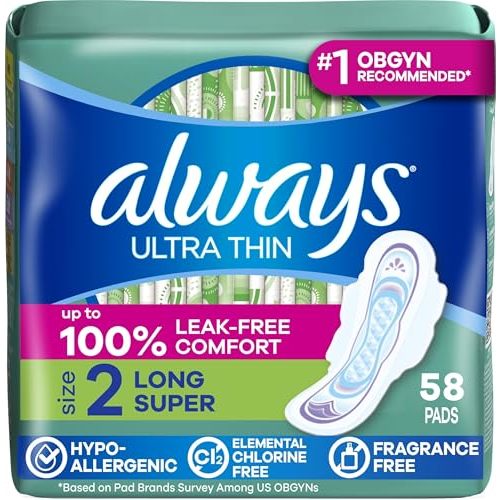 Always Ultra Thin Feminine Pads with Wings for Women, Size 2, Long Super Absorbency, Unscented, Up to 100% Leak-Free Protection, 58 Count