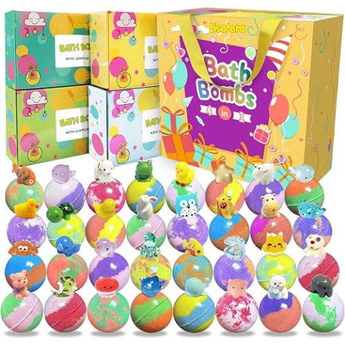 Bath Bombs for Kids with Surprise Inside, 32 Pack Kids Bath Bombs with Land & Sea Animal Toys, Bubble Bath Fizzy Ball for Girls Boys with Bath Toys, Fun Birthday Gift Handmade Child-Safe Bath Bomb