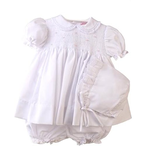 Petit Ami White Smocked Panty Dress with Bonnet