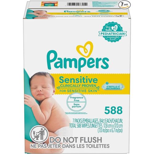 Pampers Sensitive Baby Wipes - Refill Packs, 588 Count, Water Based, Hypoallergenic and Unscented (Packaging May Vary) - 588 Count (pack of 7)