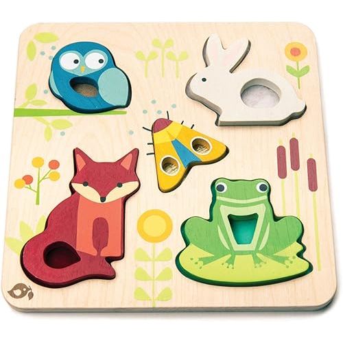 Tender Leaf Toys - Touchy Feely Animals - 5 Piece Wooden Shape Recognition and Dexterity Puzzle - Encourages Language Development - Kids 18 Months +