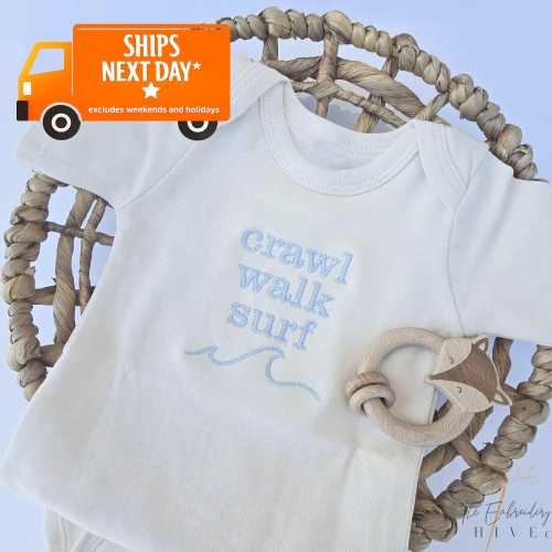 Embroidered Crawl Walk Surf bodysuit, Funny ONESIES® brand, Funny Baby Bodysuit, ONESIES® Pregnancy Announcement ONESIES® Beach Bodysuit, F4