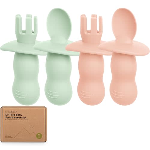 KeaBabies 4-Pack Silicone Baby Spoons and Forks Set - Baby Led Weaning Utensils 6-12 Months, Self Feeding Toddler Spoon & Fork for Training, Teething, Easy to Hold, BPA-Free Silicone(Mellow)