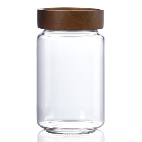 MOLADRI 24 oz/710 ml Glass Jar with Airtight Wooden Screw Top Lid, Clear Stackable Food Storage Canister, Medium Cute Decorative Glass Container for Coffee, Candy, Cookie, Sugar, Oatmeal, Salt, Spice