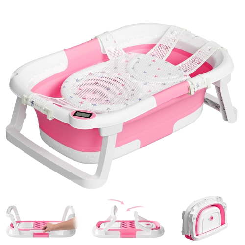 TUMAJUP Collapsible Baby Bathtub for Infants and Toddlers with Bath Net and Thermometer-Hot Pink