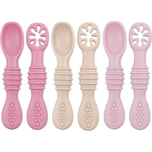 Baby Bliss Lot de 6 cuillères pour bébé auto-alimentation 6 mois +, marque canadienne appartenant à une maman, cuillères d'alimentation en silicone pour bébé, cuillère de sevrage dirigé par bébé pour