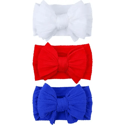 LemonSpace Handmade Headband for 4th of July Blue Baby Bow Newborn Accessories Infant Girls Hair Bows Red White and Blue Stretchy Soft Nylon Baby girl Bows Newborn Toddlers Headwrap