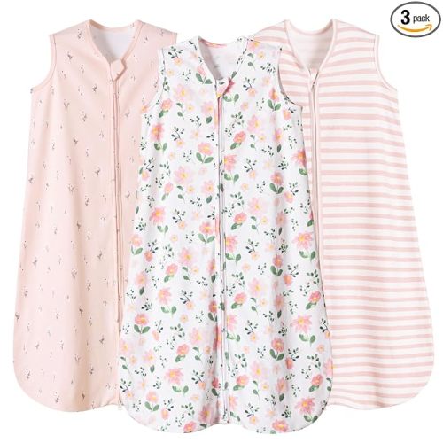 PHF 100% Organic Cotton Baby Sleep Sack 0-6 Months, Soft Lightweight Wearable Blanket for Babies, 2-Way Zipper 0.3 TOG Comfy Toddler Sleeping Sack 3 Pack for Boys Girls Neutral, Pink Floral (Small)