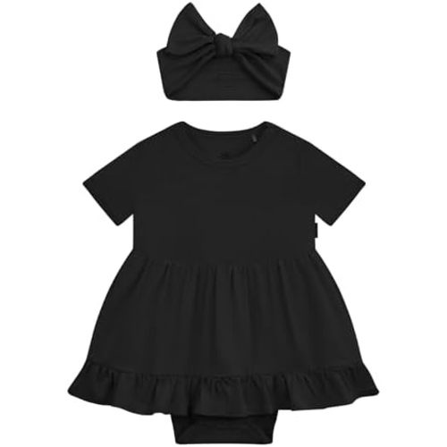 Infant Baby Girl Bodysuit Dress with Hairband Set, Bamboo Viscose Summer Clothes Outfit