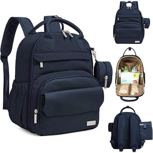 KeaBabies Diaper Bag Backpack - Small Multifunctional Travel Diaper Back Packs, Maternity Baby Changing Bags, 12L Capacity, PU Leather, Waterproof, Unisex, Nappy Changing Pad (Navy Blue, Small)