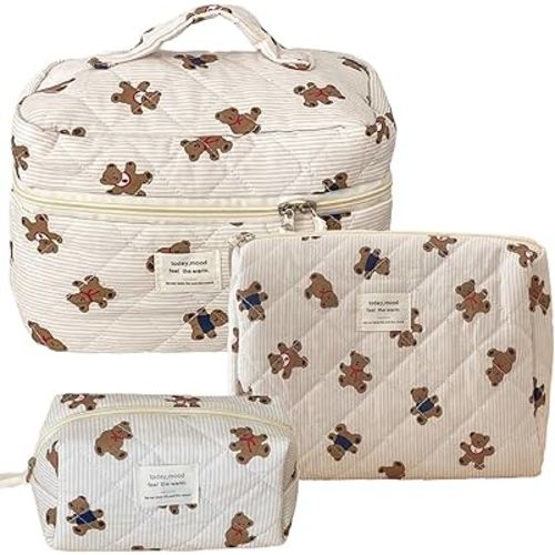 JINFANRUI Beige MakeUp Bag Set 3PCS Quilted Make Up Pouch Cute Cotton Cosmetic Bag for Travel Striped Bear Large Toiletry Bag For Women(C)