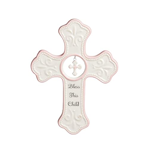 DEMDACO Bless This Child Soft Pink 7 x 5 Porcelain Ceramic Hanging Wall Cross