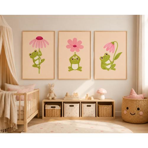 Frog Nursery Wall Art Set Pink Flower Prints Cute Woodland Animal Decor for Girls Room