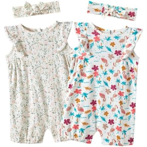 Baby Girls Ruffled Sleeve Rompers Toddler Girls Jumpsuits One-Piece Cotton Outfits