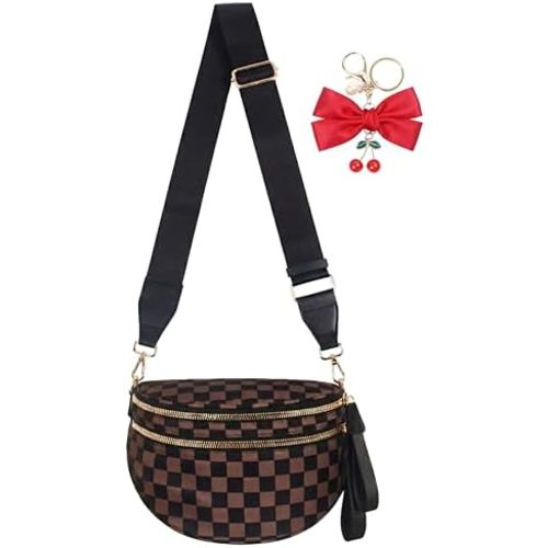 Checkered Crossbody Bag for Women, Spacious Sling & Stylish Bum Bag for Travel, Concerts, Festival, Nylon Fanny Pack Belt Bag (Brown Black Checkered)