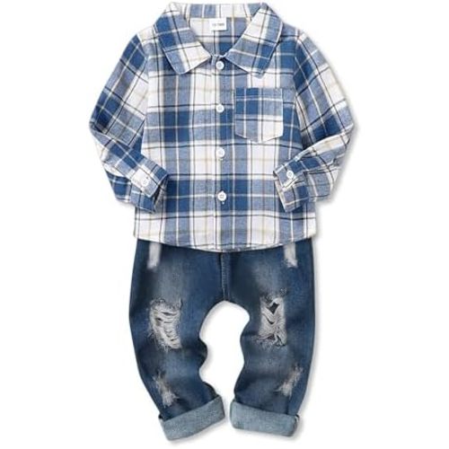 Toddler Boy Clothes Outfits Button Down Plaid Shirt + Denim Pants
