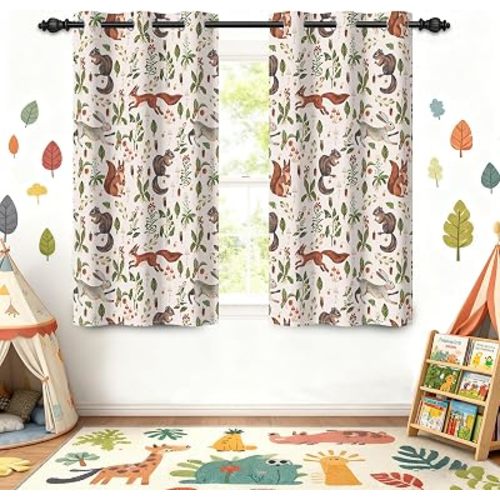 Forest Animals Wildflower Nursery Blackout Curtains for Kids Room, Rustic Squirrel Rabbit Print with Grommets Window Drapes Darkening Curtains for Bedroom Living Room 2 Panels Set, 42x63 Inch
