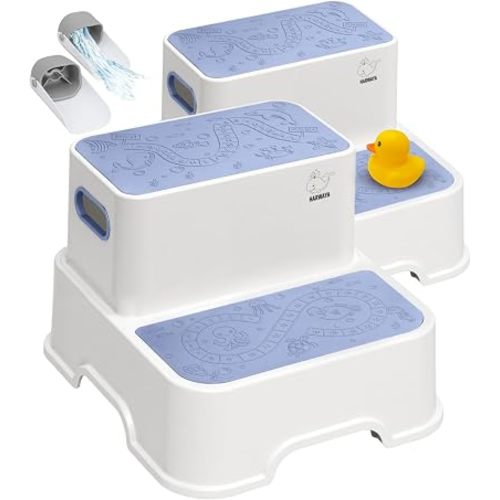 Harwaya Blue Toddler Step Stool for Bathroom Sink 2 Pack, Kids Step Stools for Boys Toilet Potty Training, Plastic Stepping Stool for Toddlers Child Kid Kitchen Bedroom (Included Two Faucet Extender)