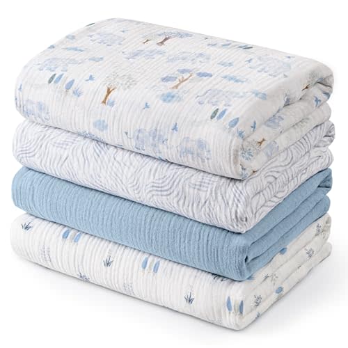 GLLQUEN BABY Muslin Swaddle Blankets for Newborn Boys, Large 40''x38'' | 4Pk, 100% cotton, ultra soft and breathable, gentle on sensitive newborn skin, Multi-use as swaddle wrap, receiving blankets