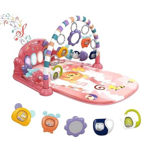 dearlomum Baby Play Mat Gym, Funny Play Piano Tummy Time Activity Mat with 5 Infant Sensory Toys, Music and Lights, Boy & Girl Gifts for Newborns 0 to 3 6 9 12 Months (Pink)